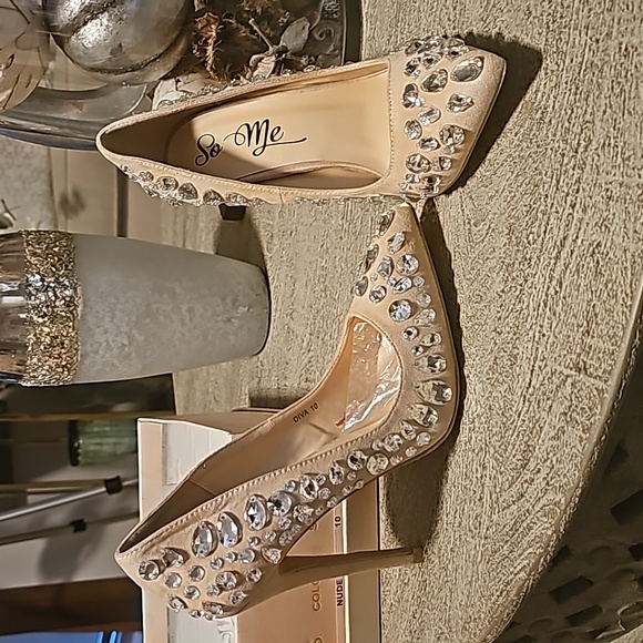 Nude Suede Rhinestone Heels - Picture 2 of 4